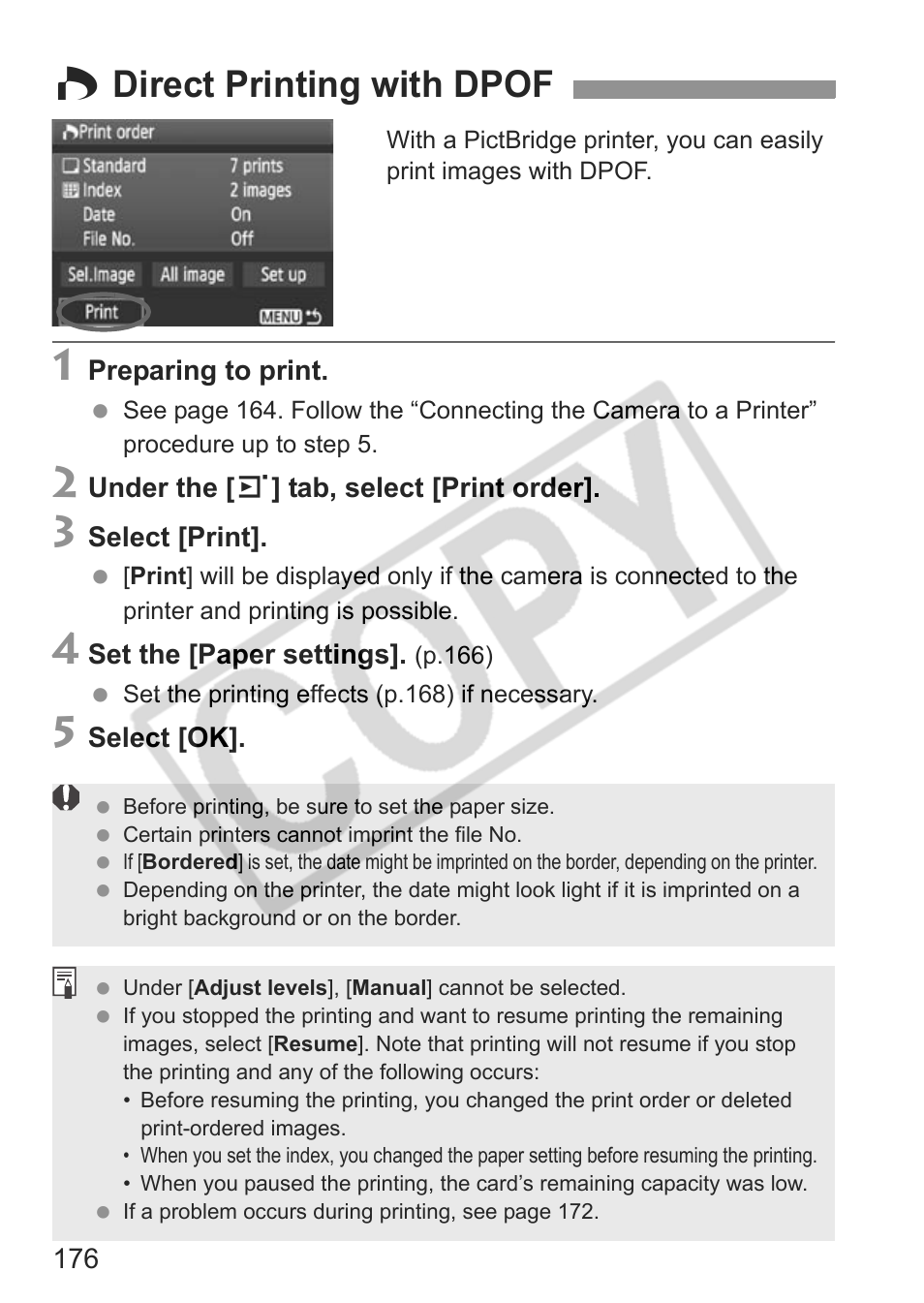 W direct printing with dpof | Canon eos rebel t1i User Manual | Page 176 / 228