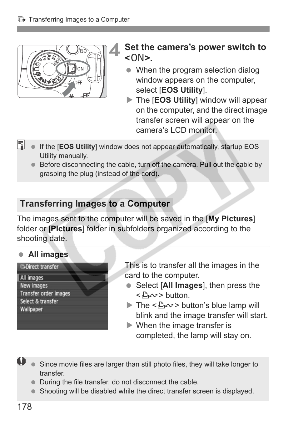 Set the camera’s power switch to < 1, Transferring images to a computer | Canon eos rebel t1i User Manual | Page 178 / 228