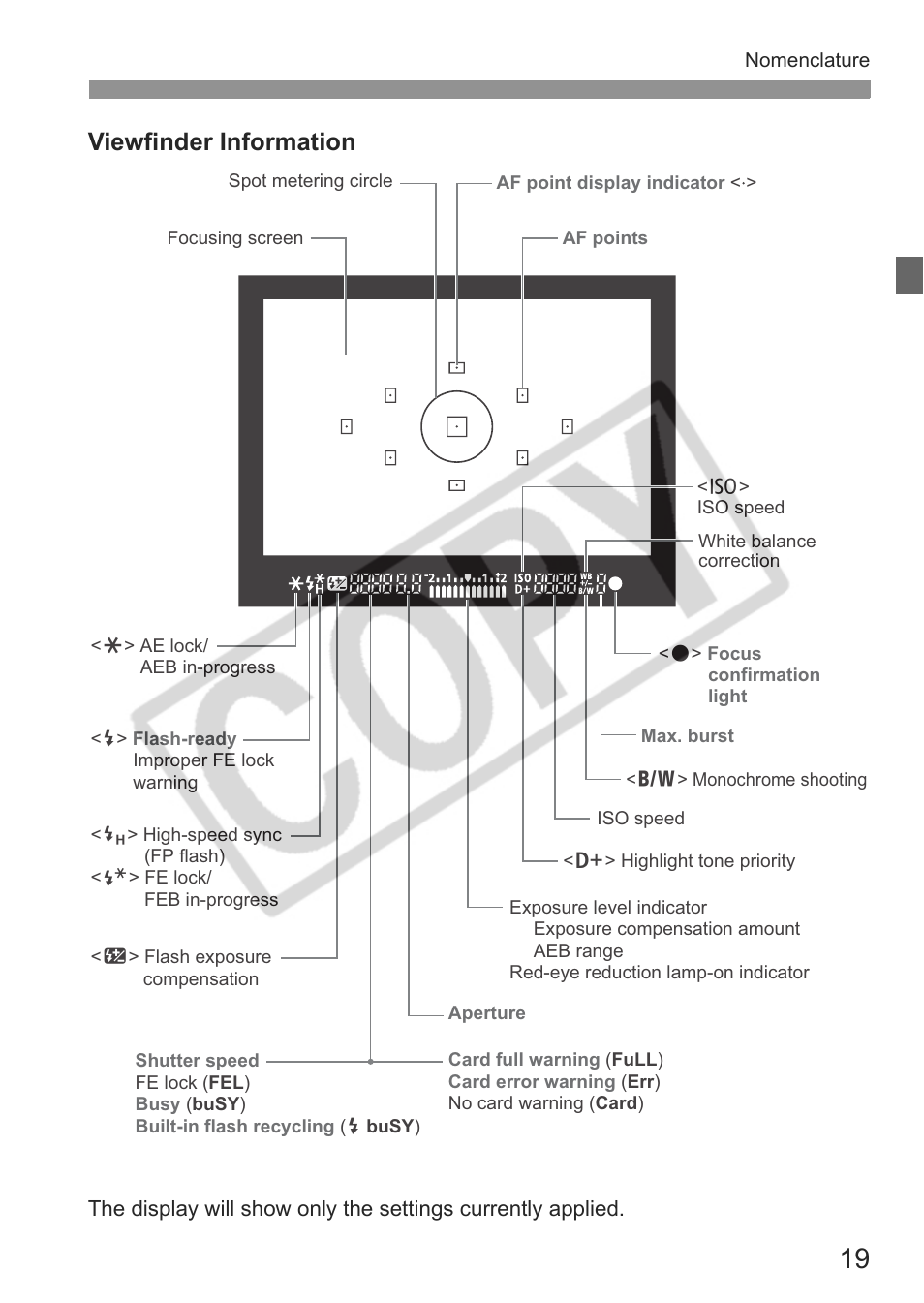 Viewfinder information | Canon eos rebel t1i User Manual | Page 19 / 228