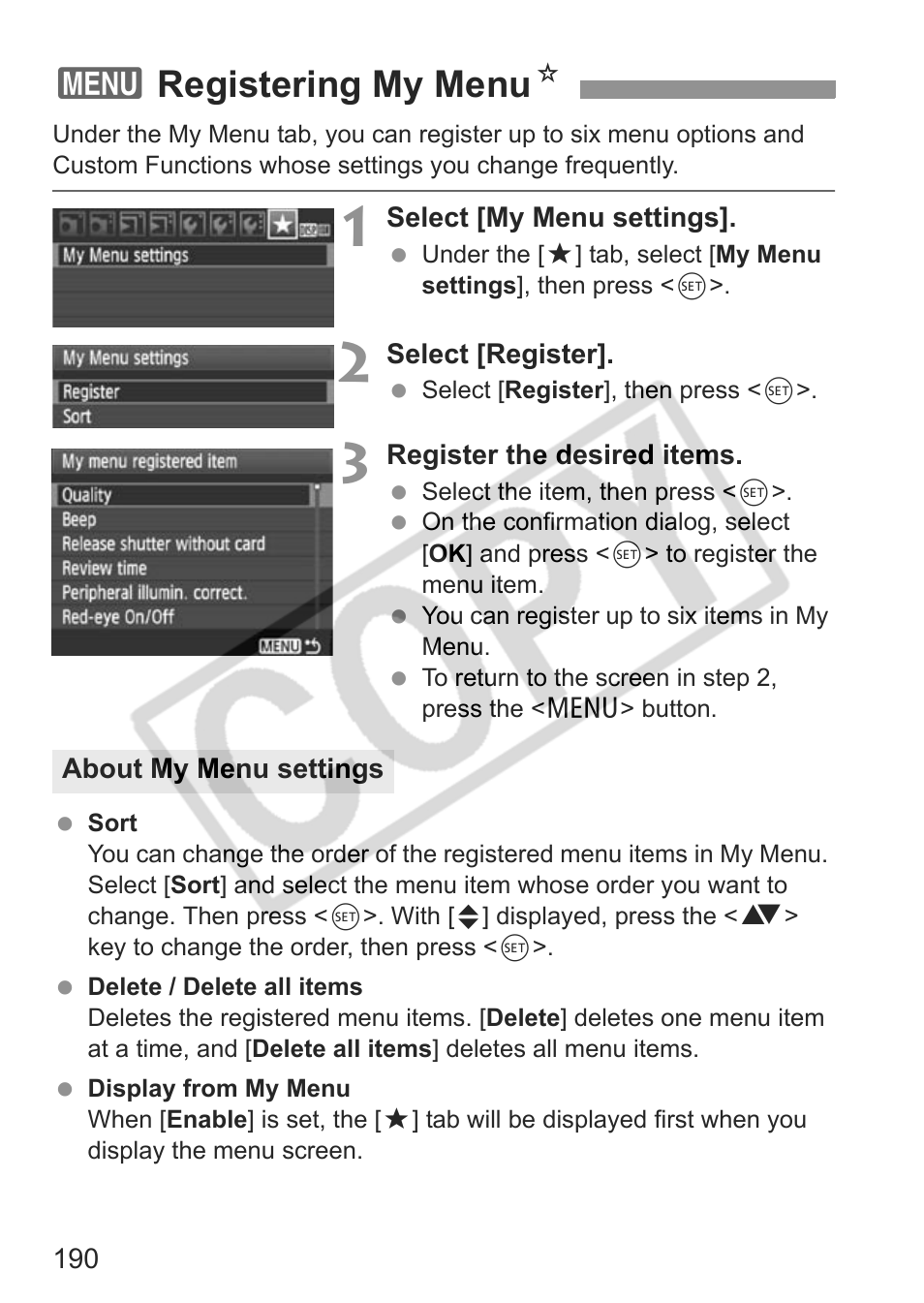 3registering my menu n | Canon eos rebel t1i User Manual | Page 190 / 228