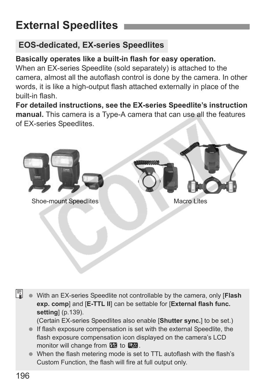 External speedlites, Eos-dedicated, ex-series speedlites | Canon eos rebel t1i User Manual | Page 196 / 228