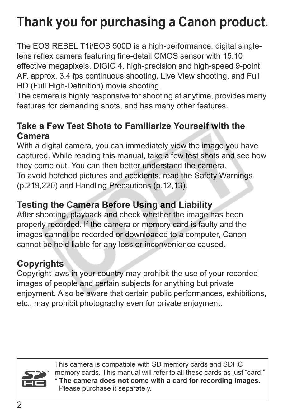 Canon eos rebel t1i User Manual | Page 2 / 228