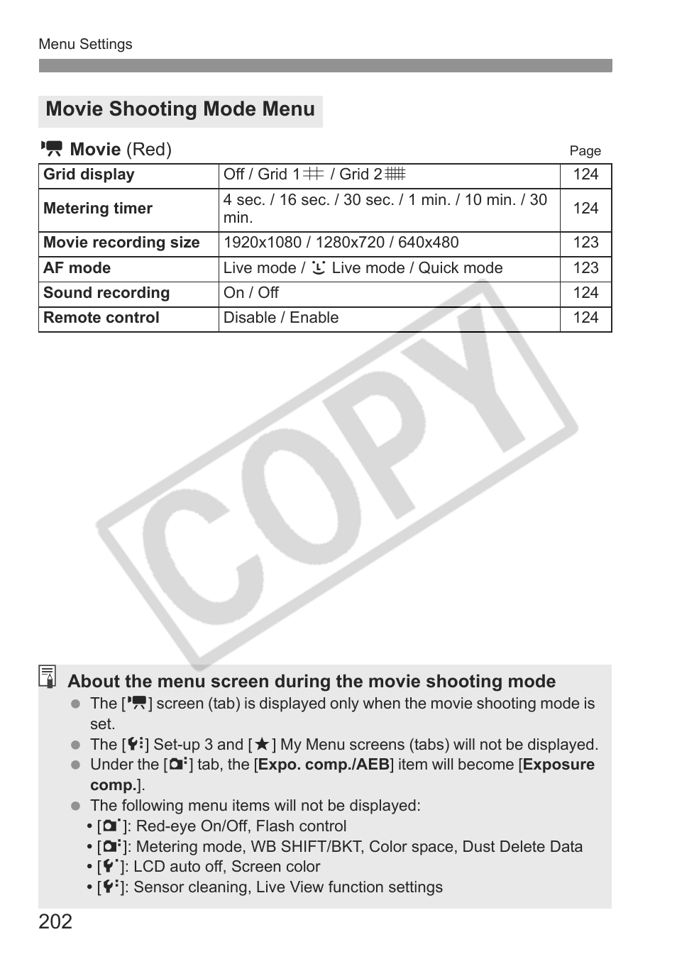 Movie shooting mode menu | Canon eos rebel t1i User Manual | Page 202 / 228