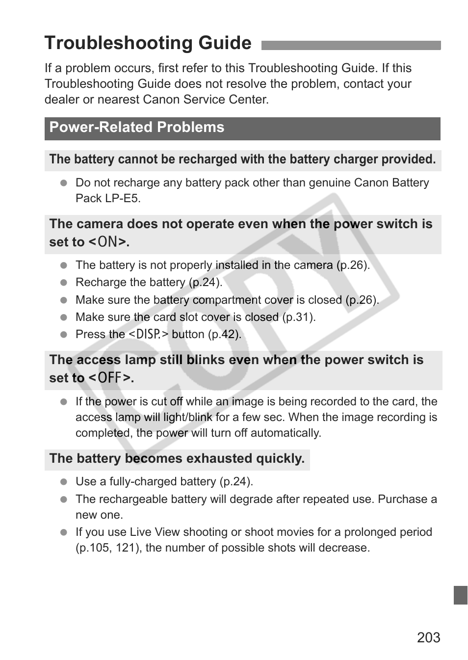 Troubleshooting guide, Power-related problems | Canon eos rebel t1i User Manual | Page 203 / 228