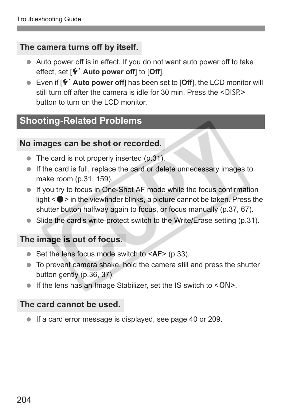 Shooting-related problems | Canon eos rebel t1i User Manual | Page 204 / 228