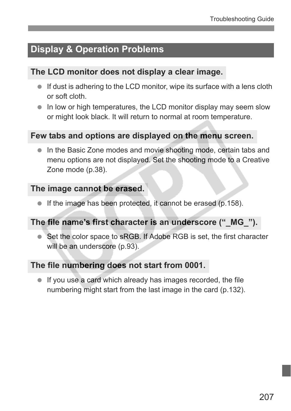 Display & operation problems | Canon eos rebel t1i User Manual | Page 207 / 228