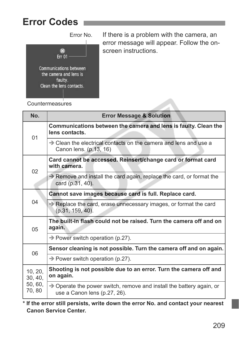 Error codes | Canon eos rebel t1i User Manual | Page 209 / 228