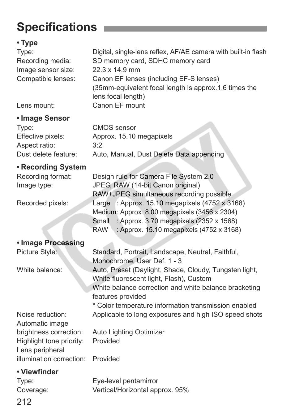 Specifications | Canon eos rebel t1i User Manual | Page 212 / 228