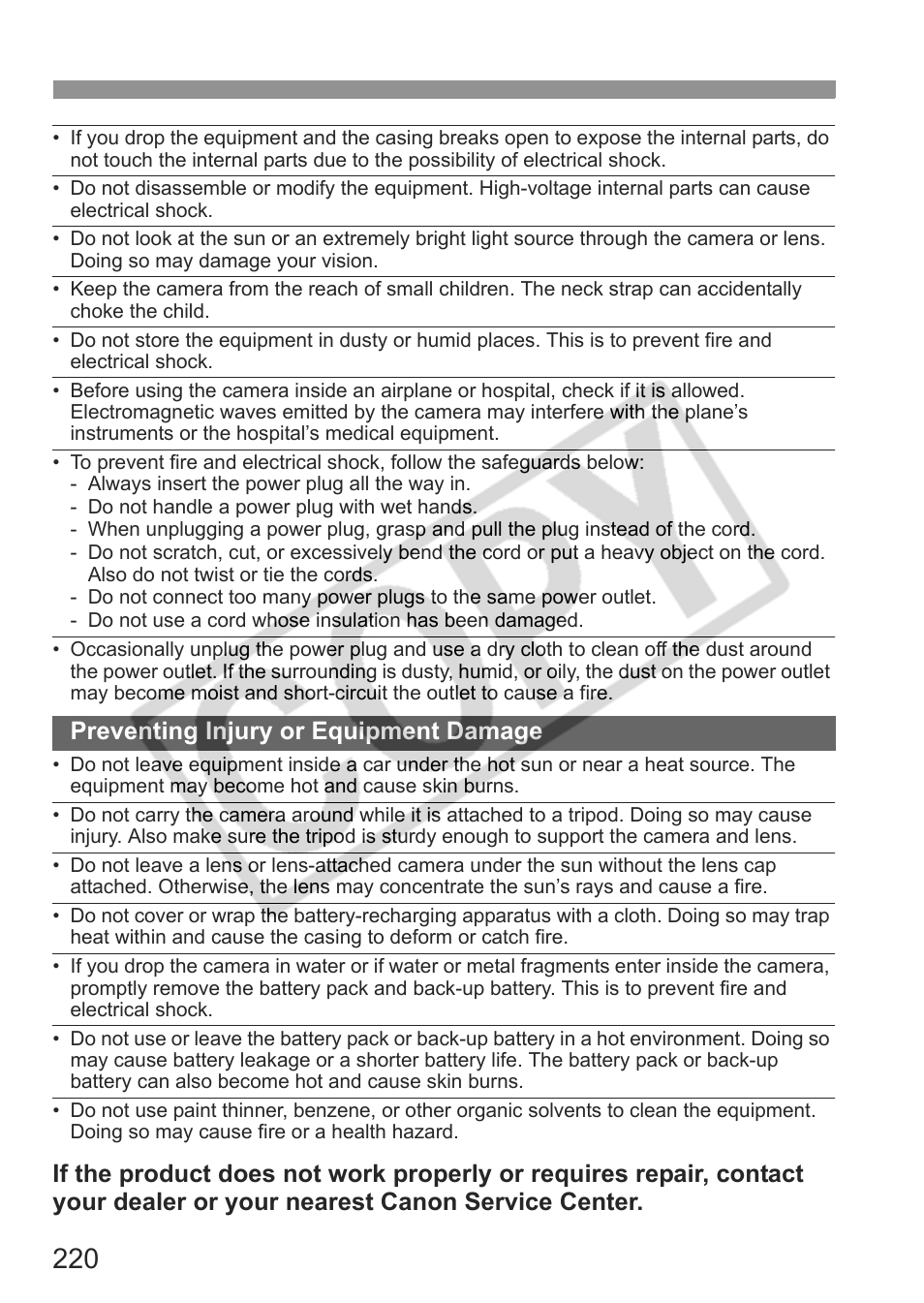Preventing injury or equipment damage | Canon eos rebel t1i User Manual | Page 220 / 228
