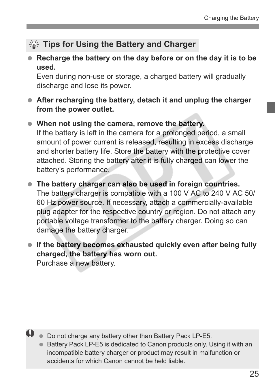 Tips for using the battery and charger | Canon eos rebel t1i User Manual | Page 25 / 228