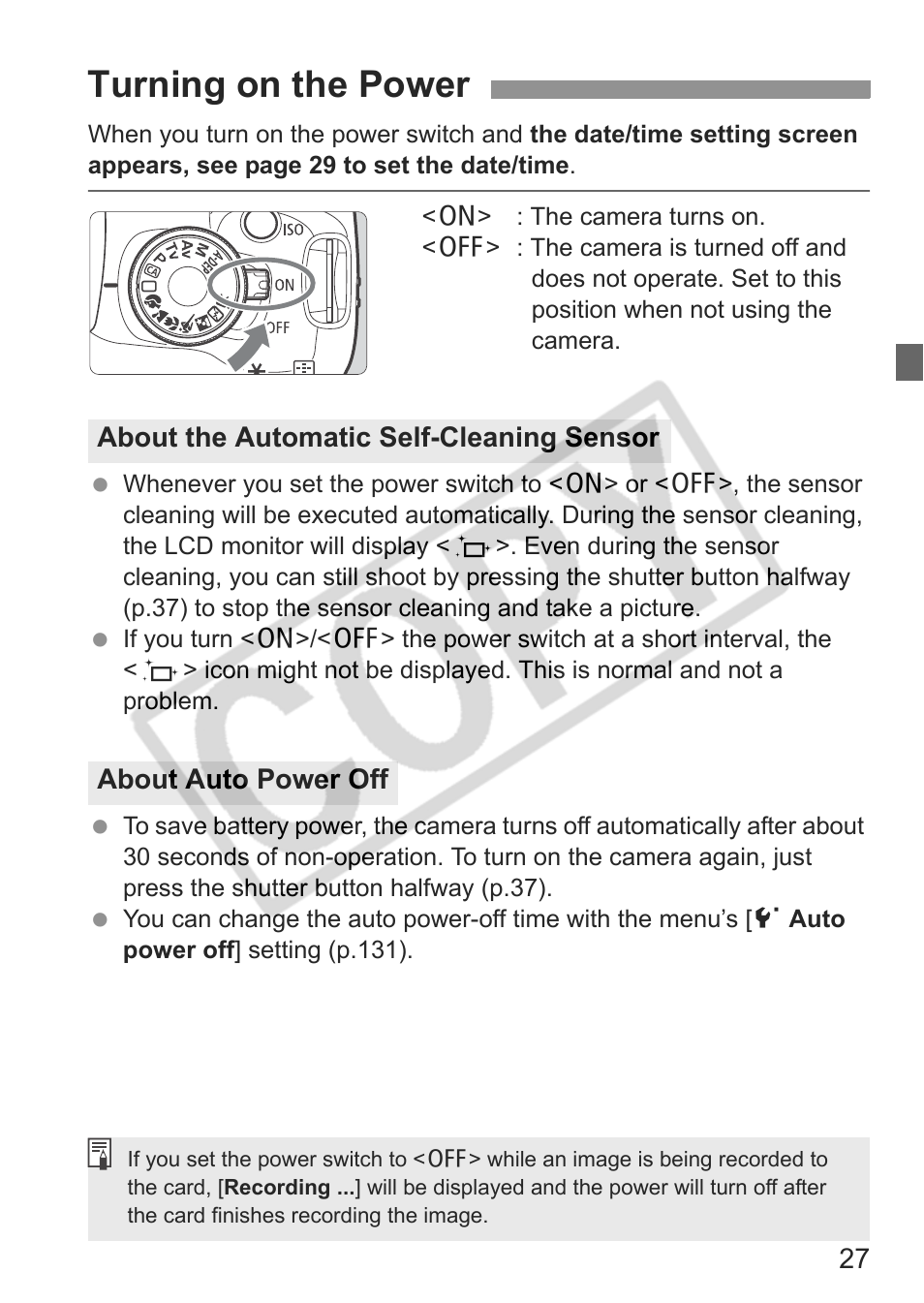 Turning on the power | Canon eos rebel t1i User Manual | Page 27 / 228