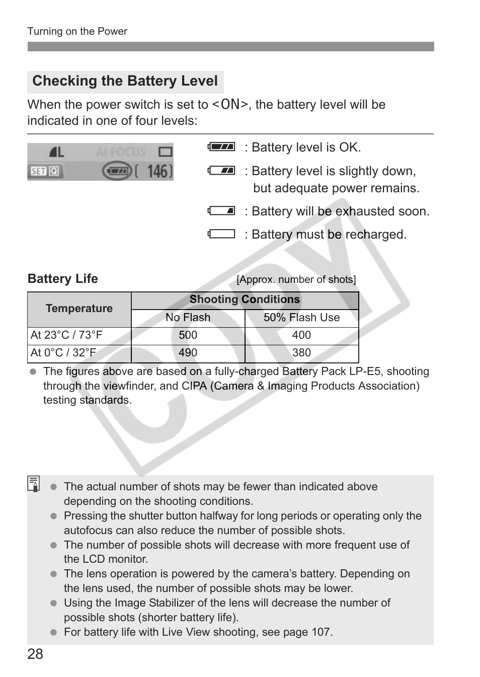 Checking the battery level | Canon eos rebel t1i User Manual | Page 28 / 228