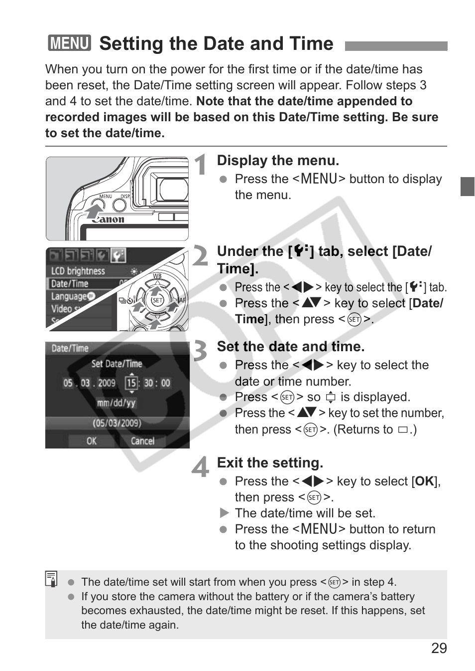 3setting the date and time | Canon eos rebel t1i User Manual | Page 29 / 228