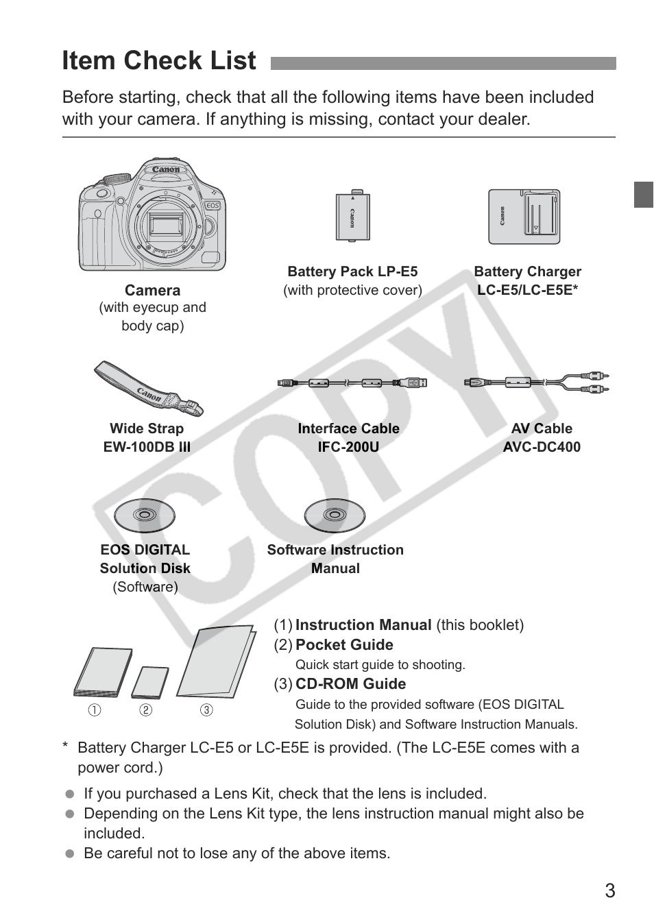 Item check list | Canon eos rebel t1i User Manual | Page 3 / 228