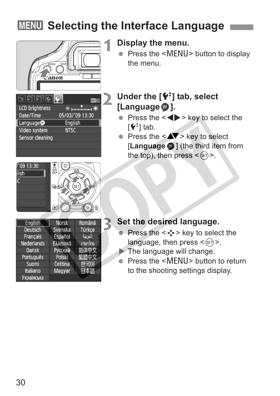 3selecting the interface language | Canon eos rebel t1i User Manual | Page 30 / 228