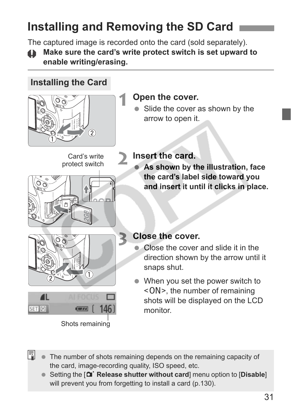 Installing and removing the sd card | Canon eos rebel t1i User Manual | Page 31 / 228