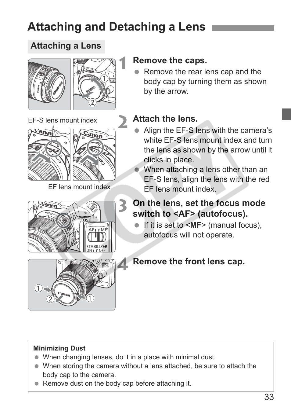 Attaching and detaching a lens | Canon eos rebel t1i User Manual | Page 33 / 228