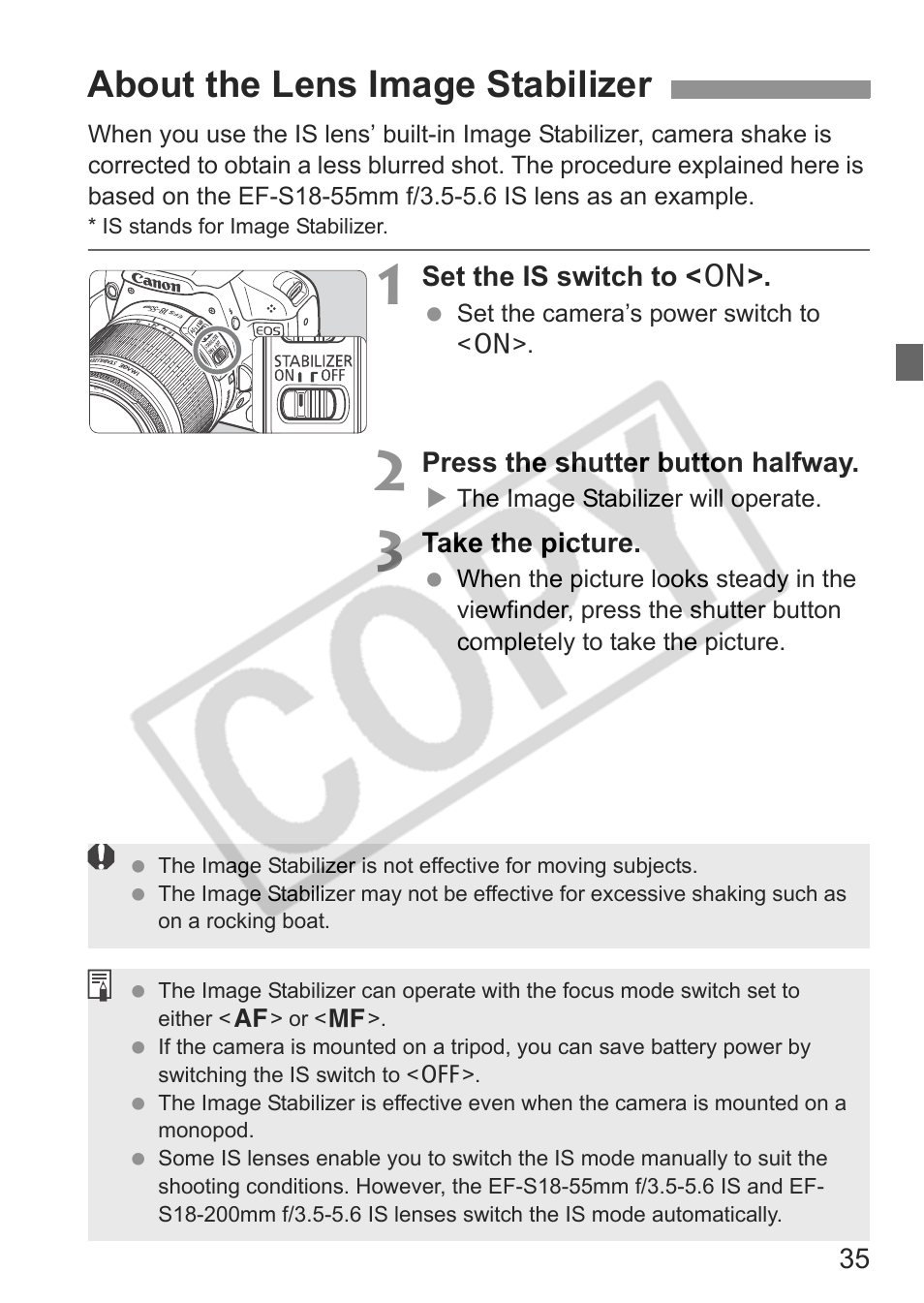 About the lens image stabilizer | Canon eos rebel t1i User Manual | Page 35 / 228