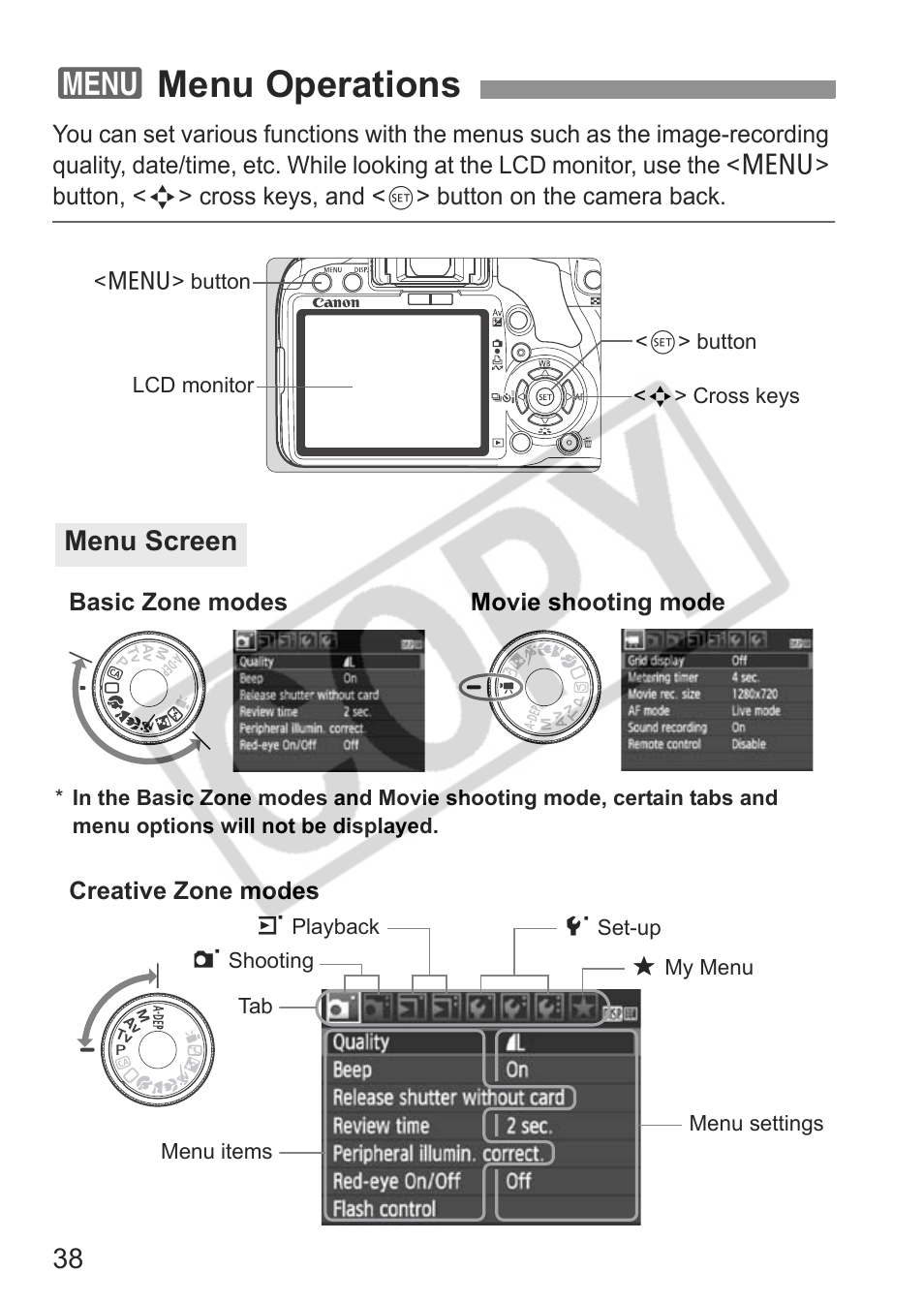 3menu operations, Menu screen | Canon eos rebel t1i User Manual | Page 38 / 228