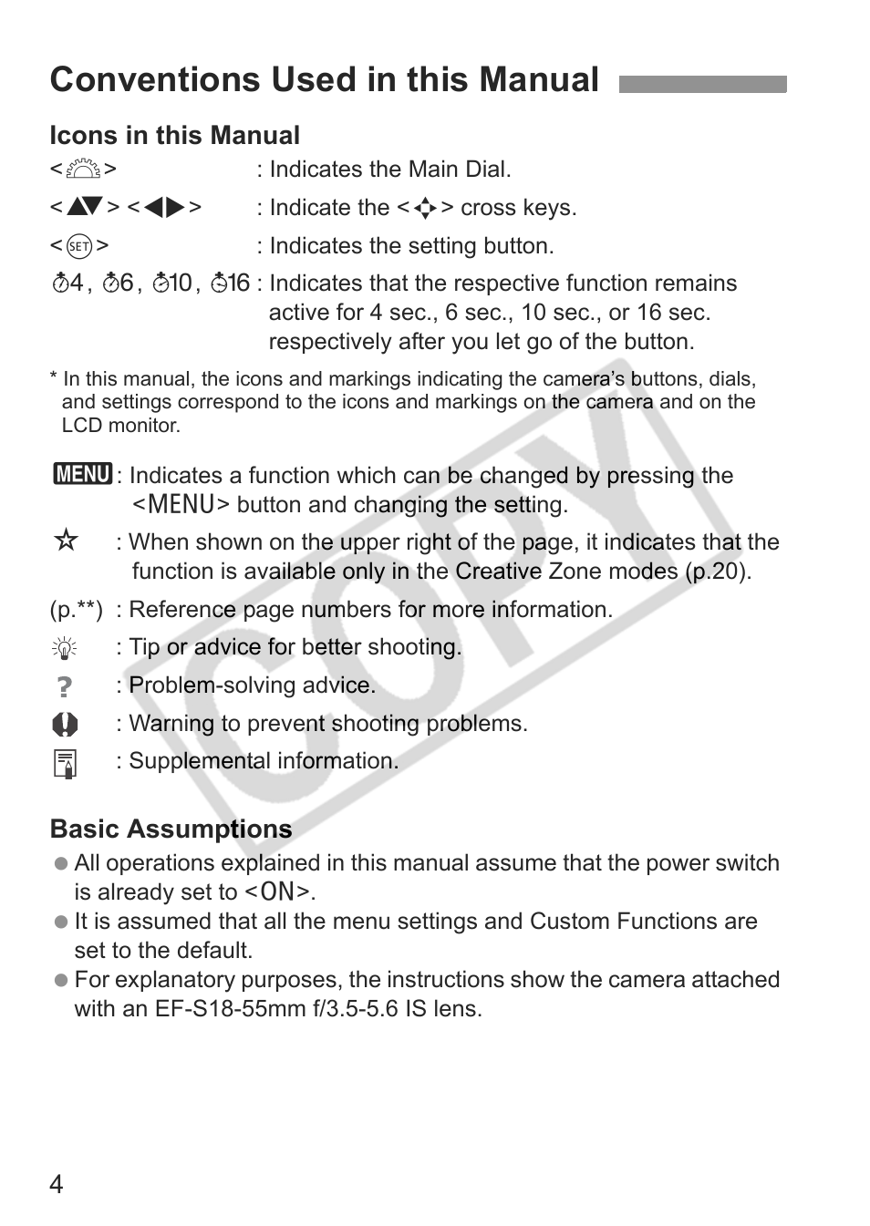 Conventions used in this manual | Canon eos rebel t1i User Manual | Page 4 / 228