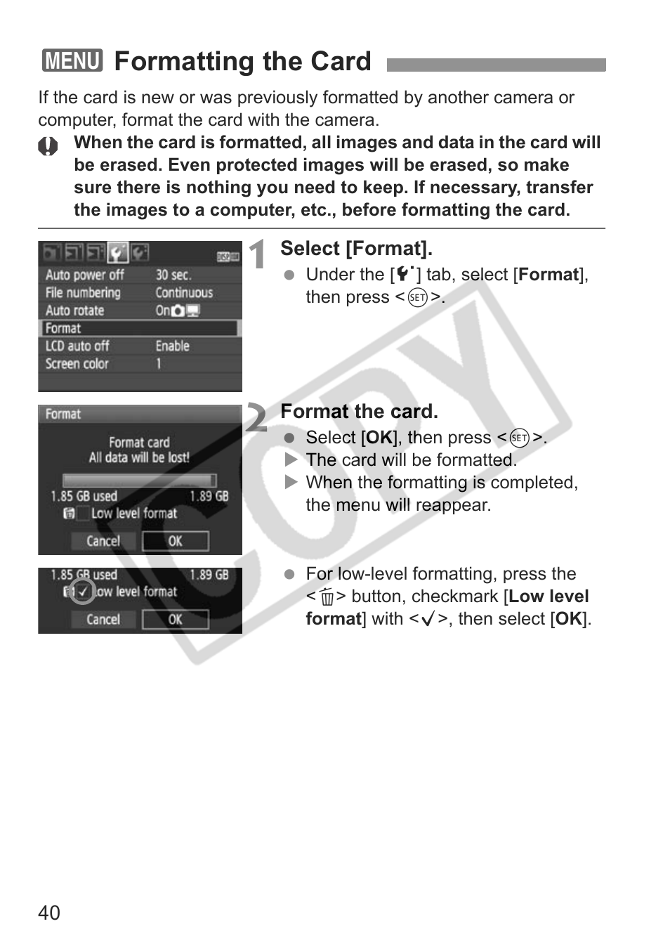 3formatting the card | Canon eos rebel t1i User Manual | Page 40 / 228