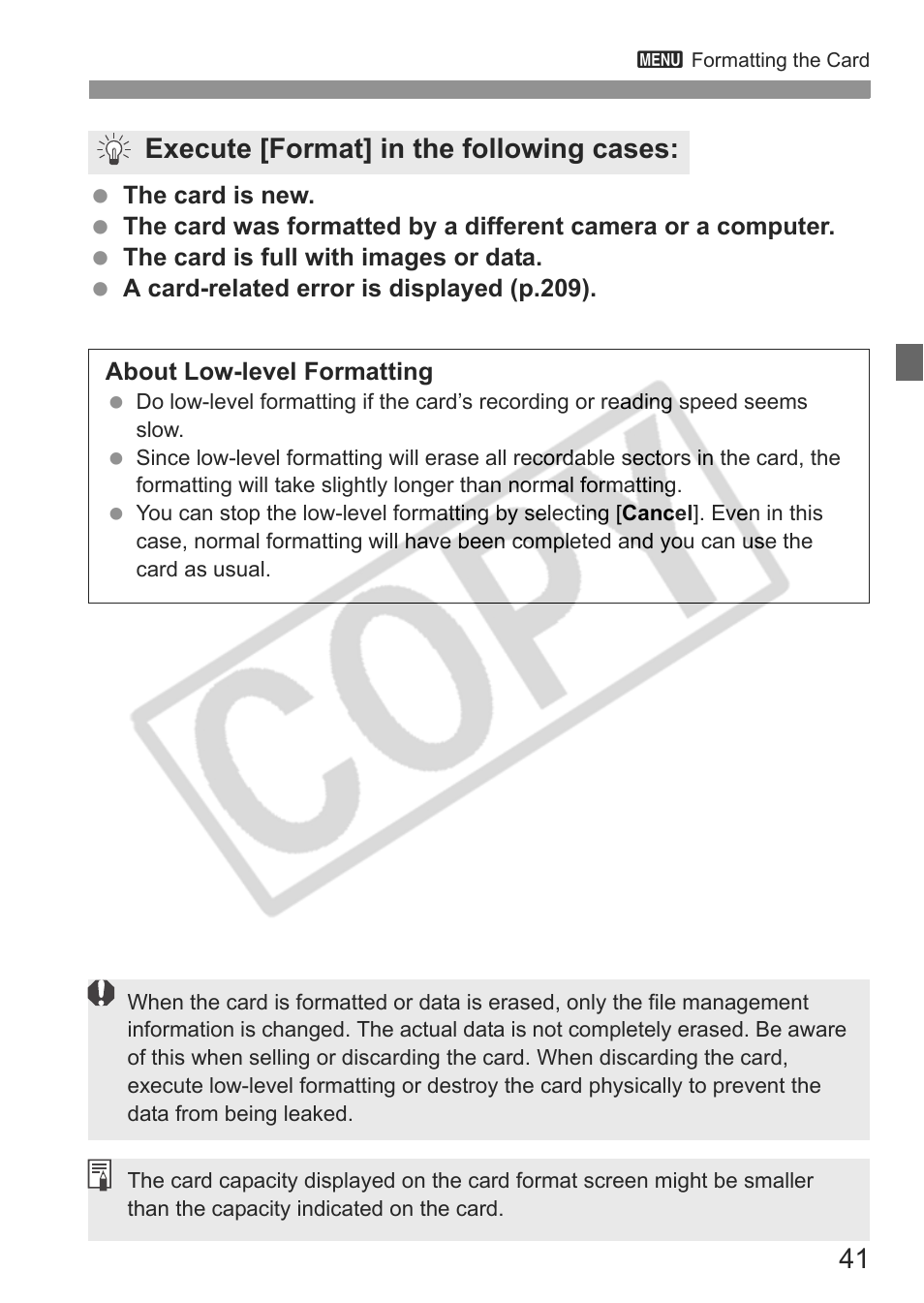 Execute [format] in the following cases | Canon eos rebel t1i User Manual | Page 41 / 228