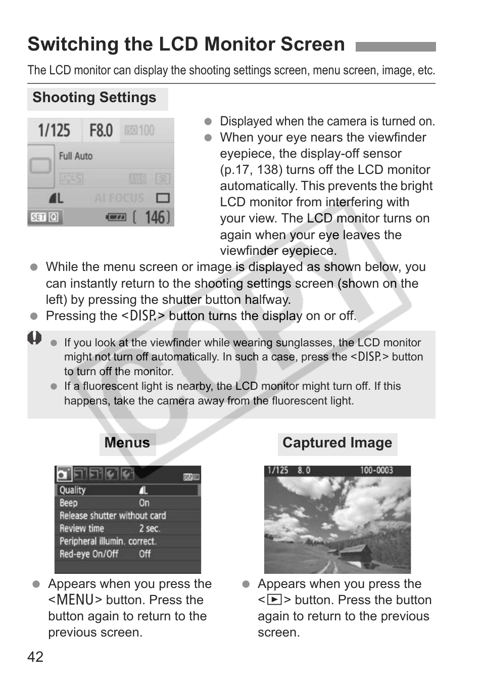 Switching the lcd monitor screen | Canon eos rebel t1i User Manual | Page 42 / 228