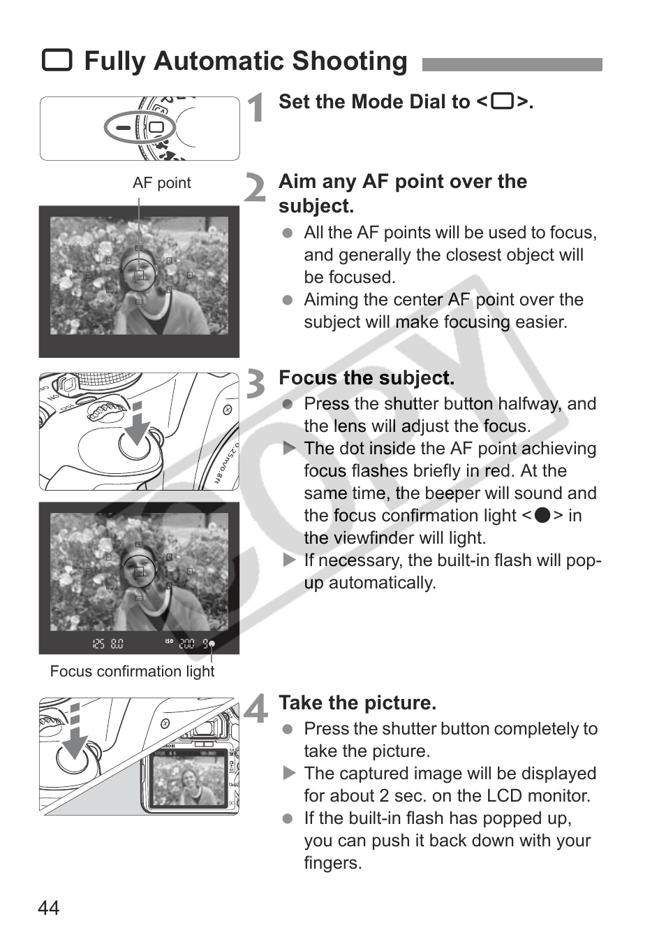 1 fully automatic shooting | Canon eos rebel t1i User Manual | Page 44 / 228