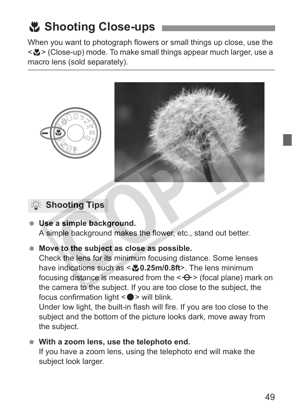 4 shooting close-ups | Canon eos rebel t1i User Manual | Page 49 / 228