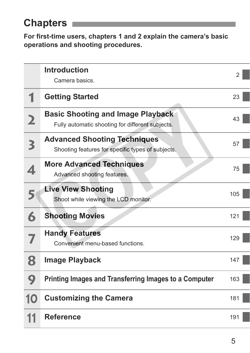 Chapters | Canon eos rebel t1i User Manual | Page 5 / 228