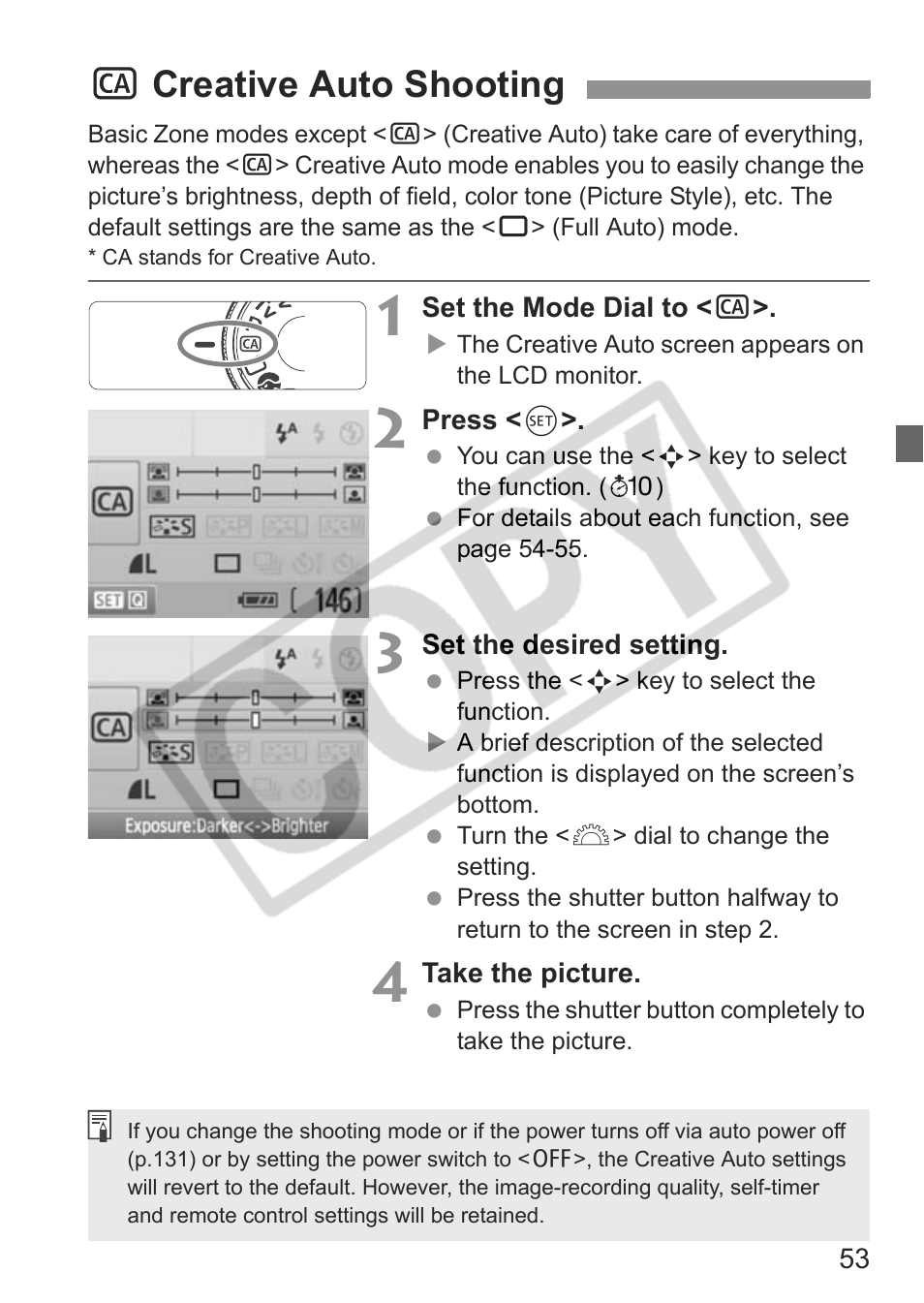 C creative auto shooting | Canon eos rebel t1i User Manual | Page 53 / 228