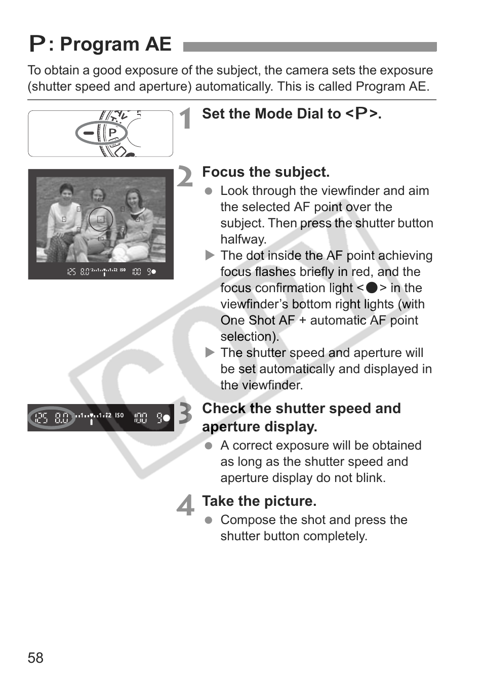 D: program ae | Canon eos rebel t1i User Manual | Page 58 / 228