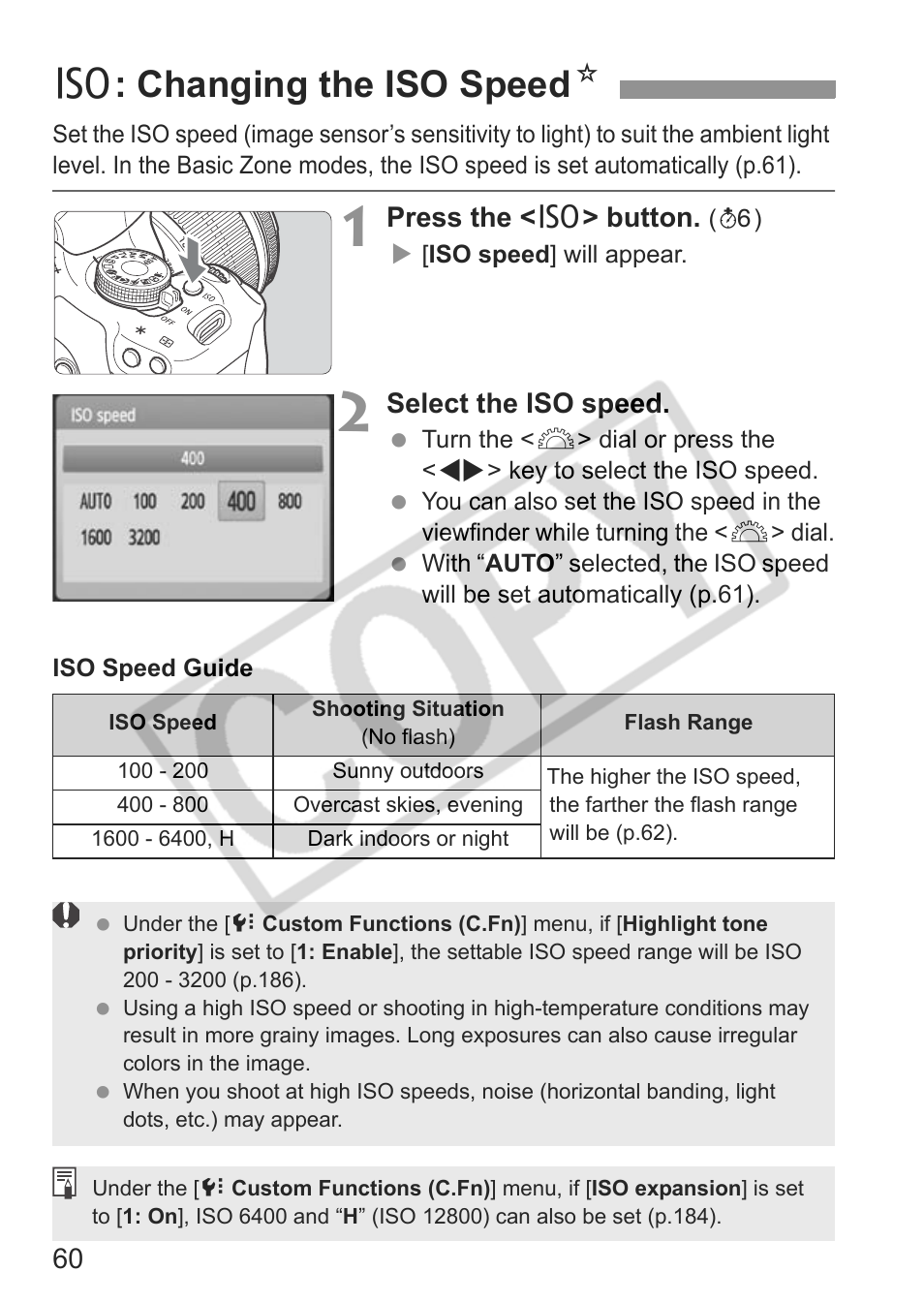 Z: changing the iso speed n | Canon eos rebel t1i User Manual | Page 60 / 228