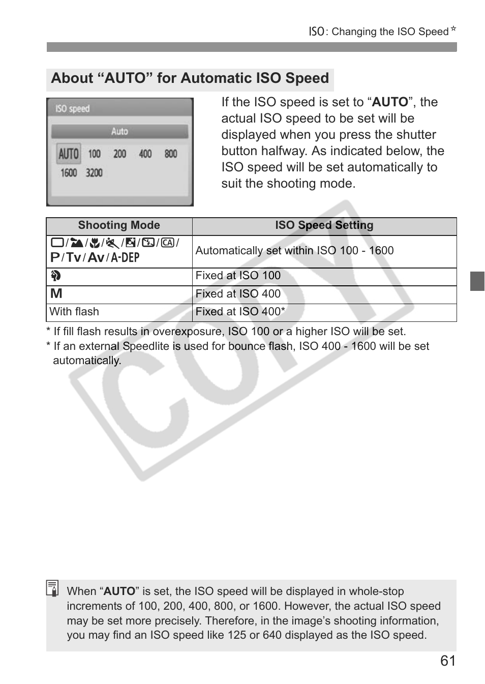 About “auto” for automatic iso speed | Canon eos rebel t1i User Manual | Page 61 / 228