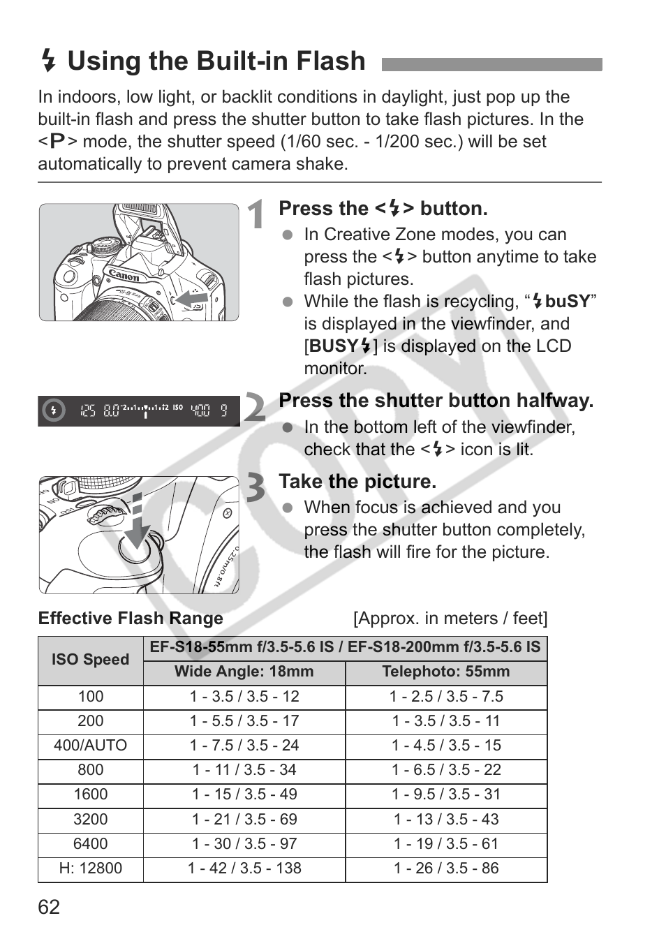 Dusing the built-in flash | Canon eos rebel t1i User Manual | Page 62 / 228