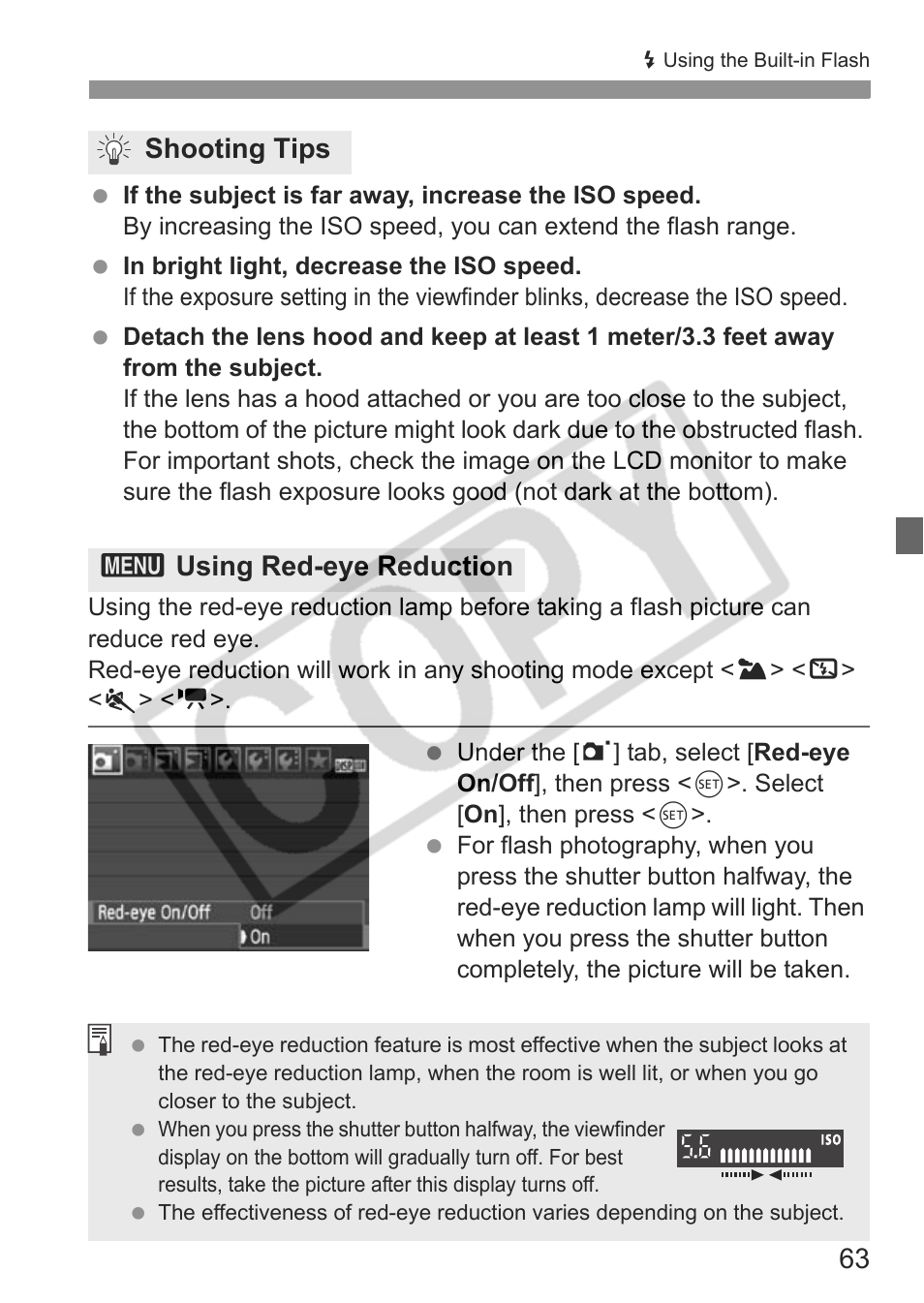 Shooting tips 3 using red-eye reduction | Canon eos rebel t1i User Manual | Page 63 / 228