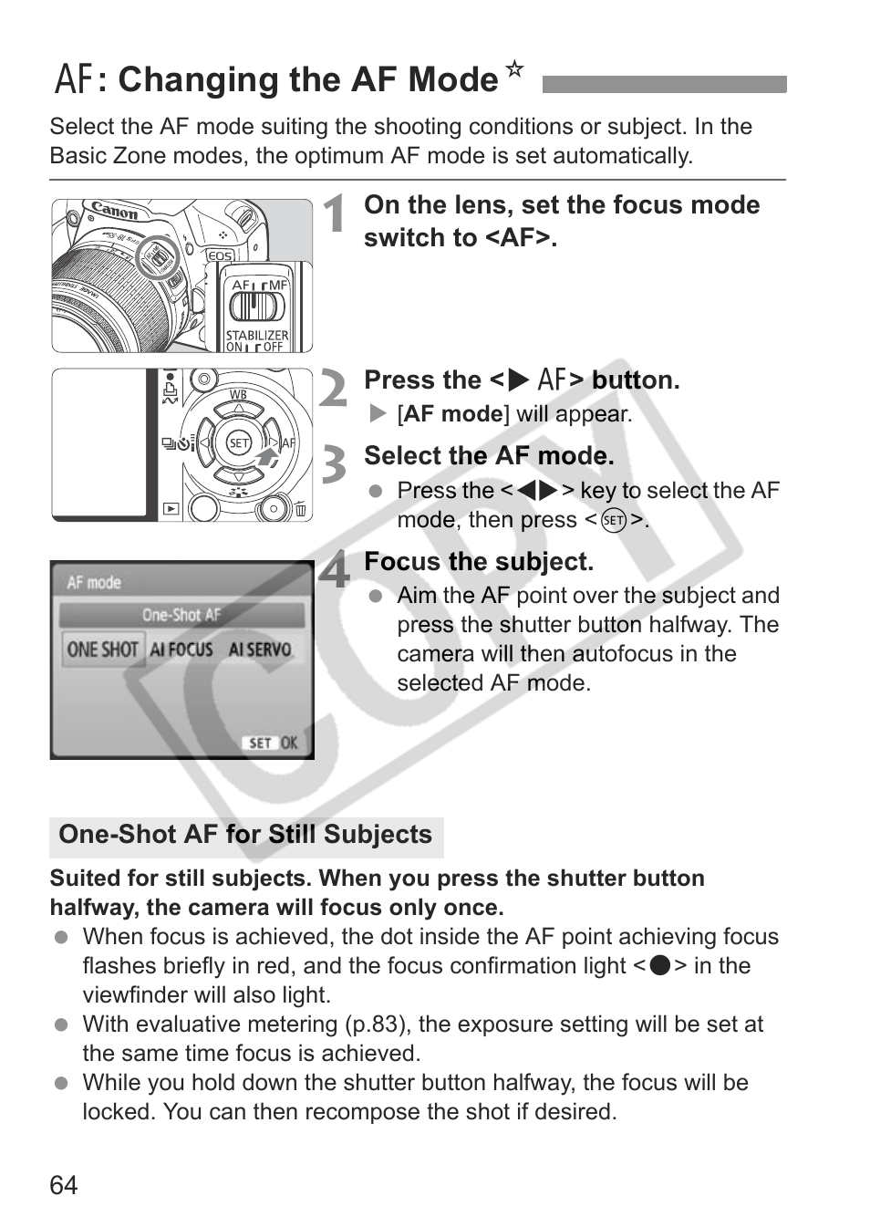 E: changing the af mode n | Canon eos rebel t1i User Manual | Page 64 / 228