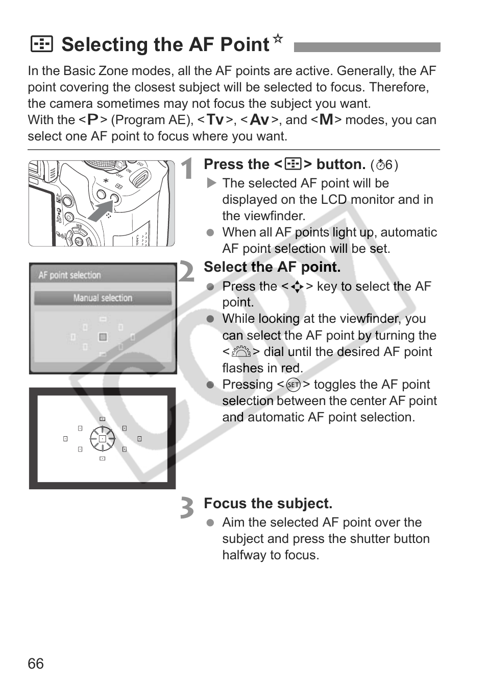 Sselecting the af point n | Canon eos rebel t1i User Manual | Page 66 / 228