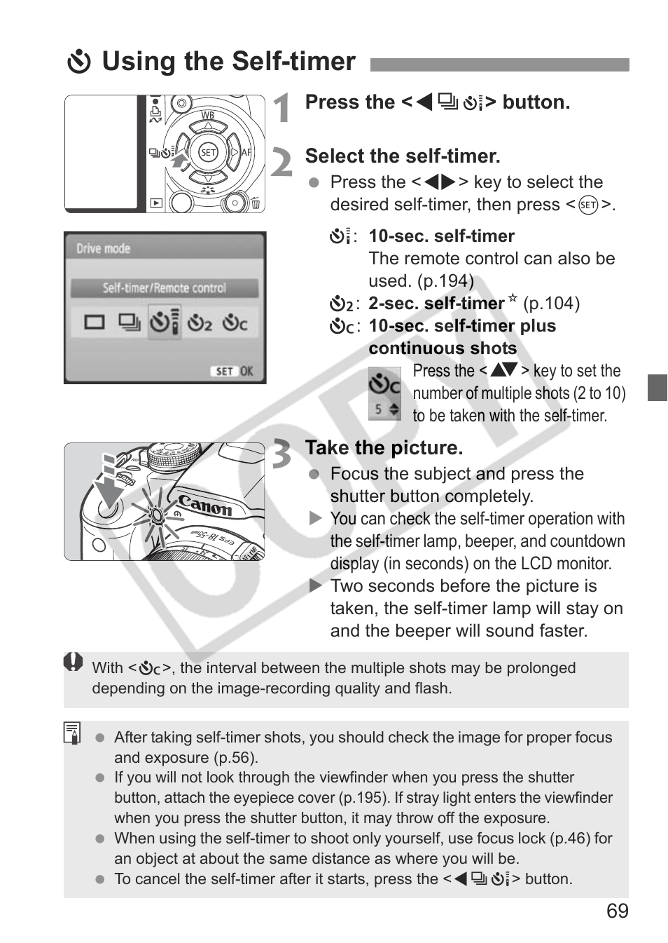 Jusing the self-timer | Canon eos rebel t1i User Manual | Page 69 / 228