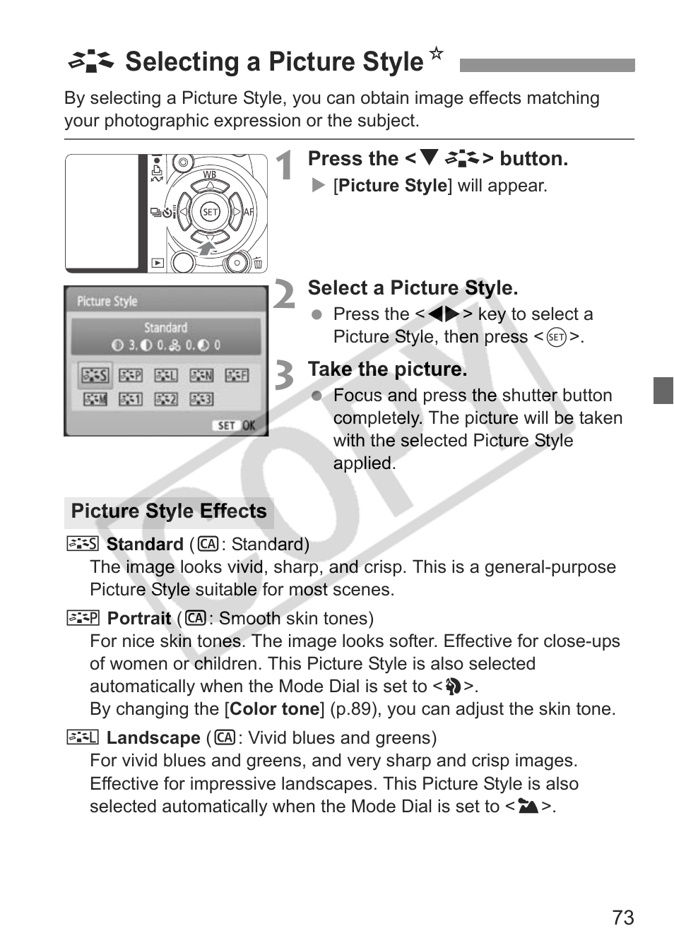 Aselecting a picture style n | Canon eos rebel t1i User Manual | Page 73 / 228