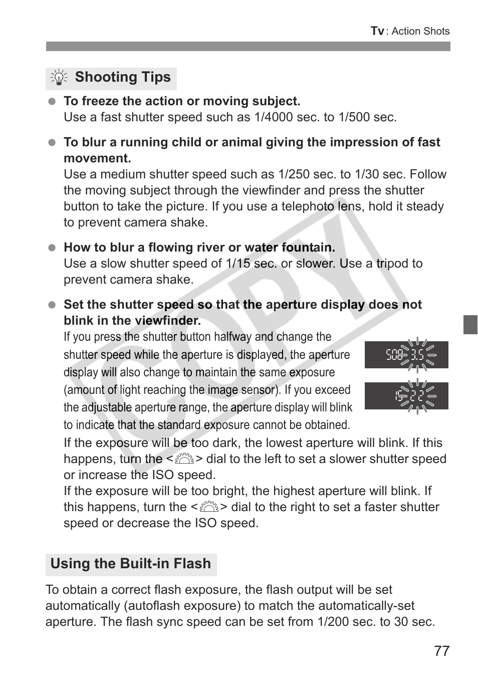 Shooting tips using the built-in flash | Canon eos rebel t1i User Manual | Page 77 / 228