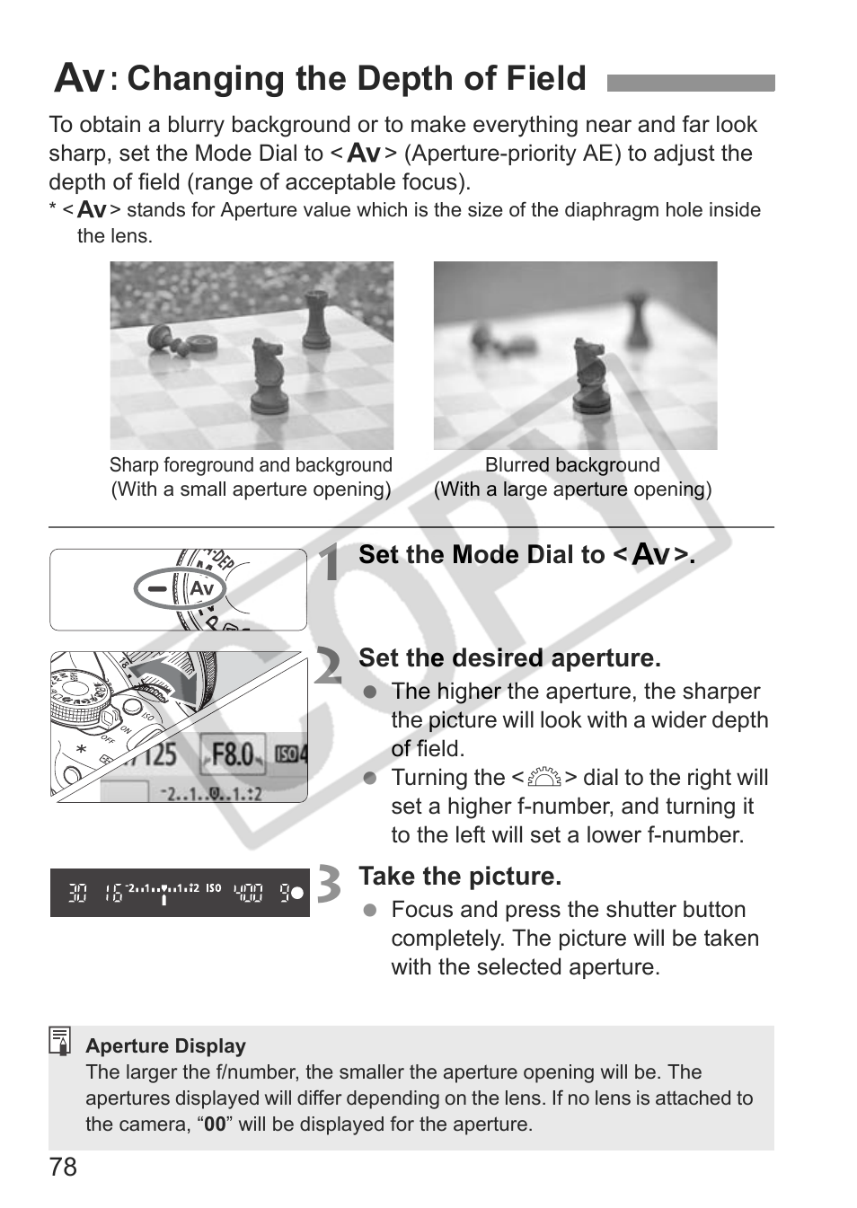 F: changing the depth of field | Canon eos rebel t1i User Manual | Page 78 / 228