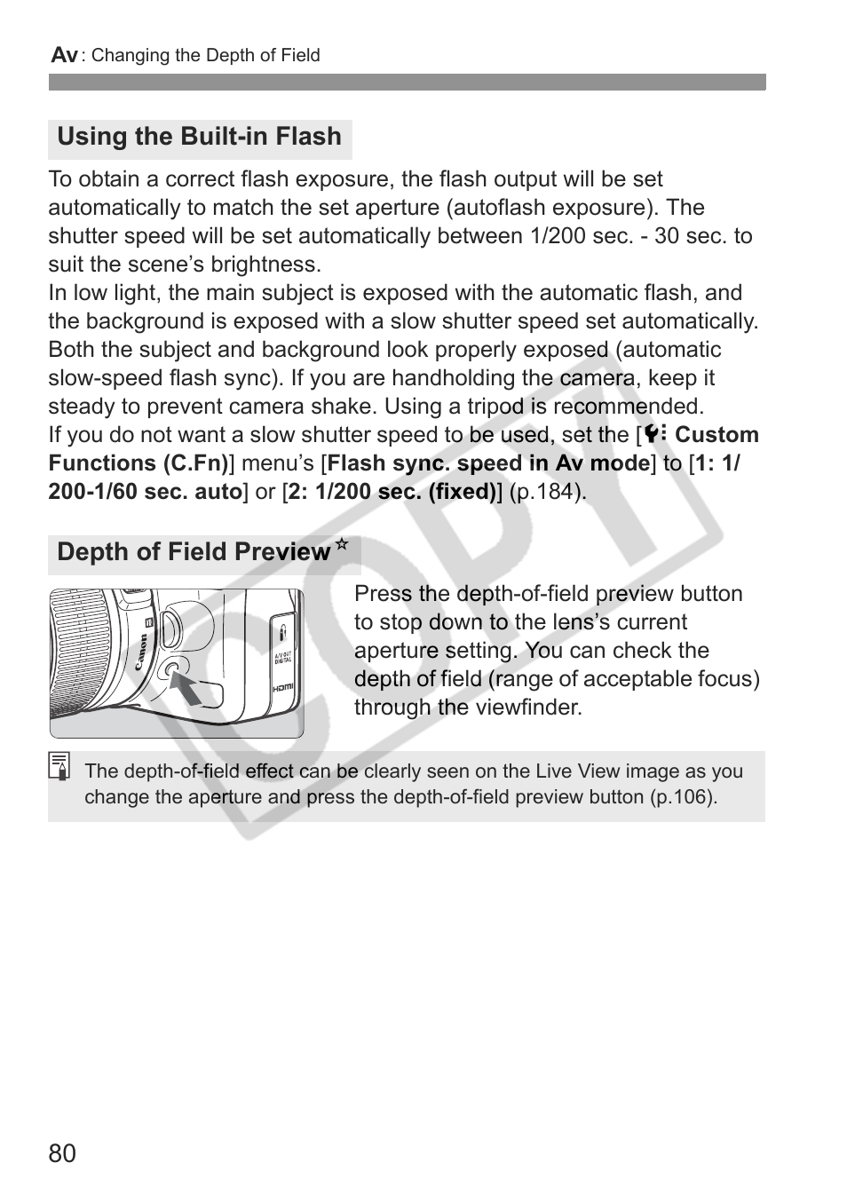 Using the built-in flash depth of field preview n | Canon eos rebel t1i User Manual | Page 80 / 228