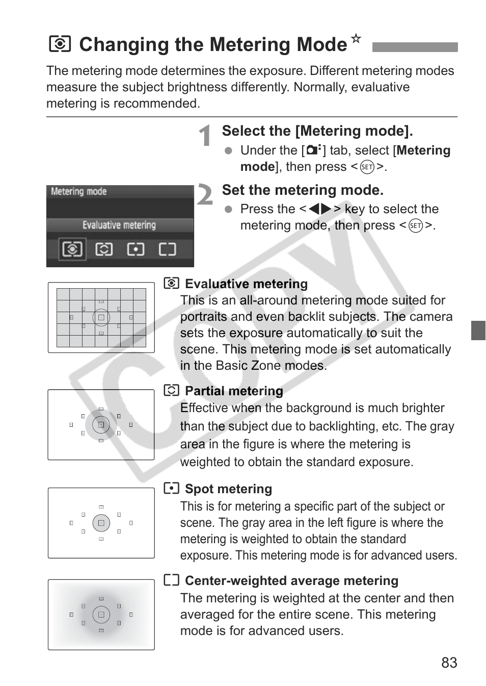 Qchanging the metering mode n | Canon eos rebel t1i User Manual | Page 83 / 228