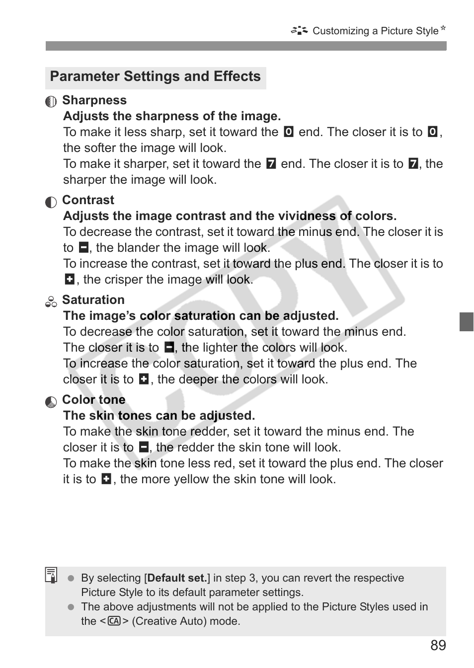 Parameter settings and effects | Canon eos rebel t1i User Manual | Page 89 / 228