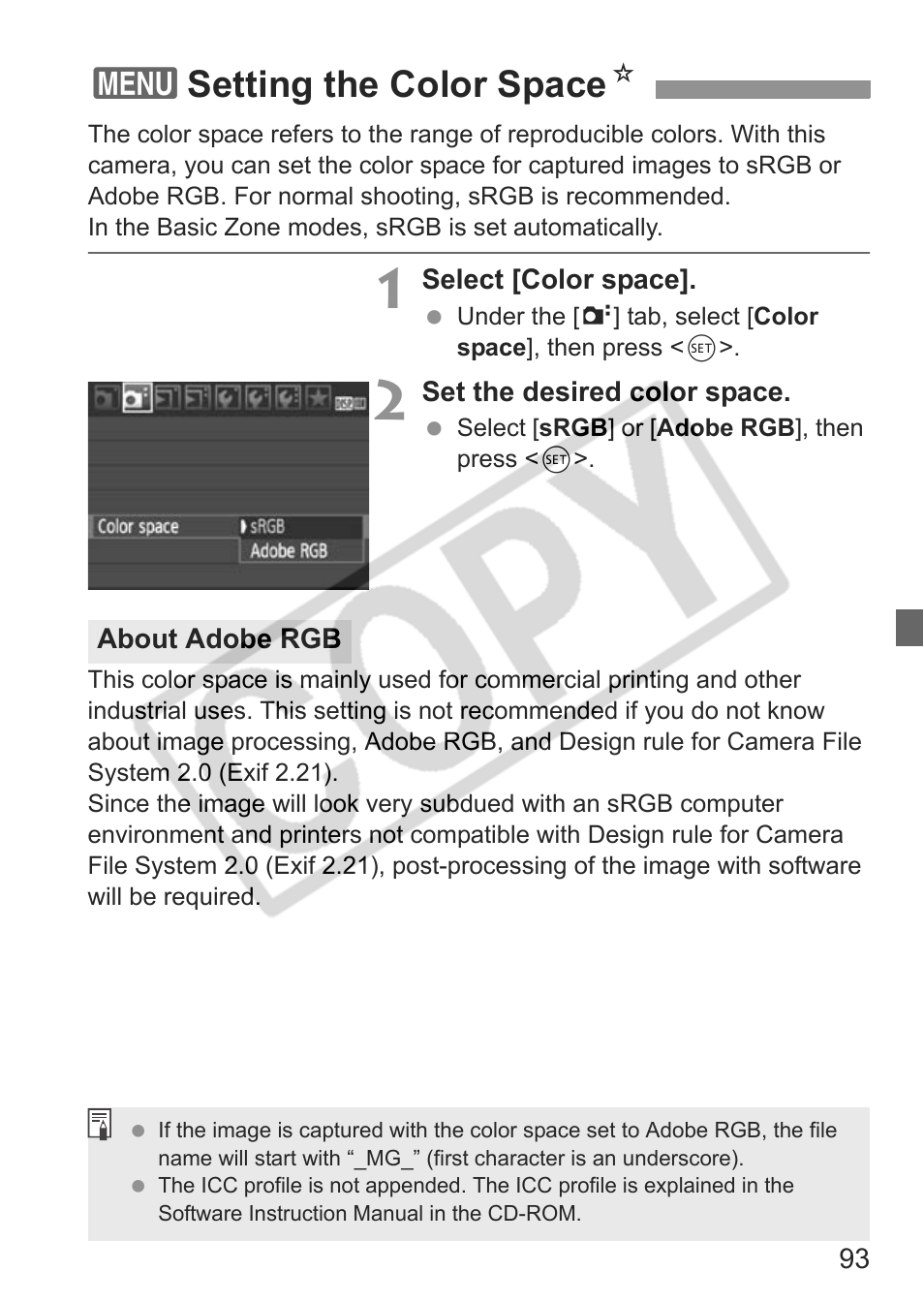 3setting the color space n | Canon eos rebel t1i User Manual | Page 93 / 228