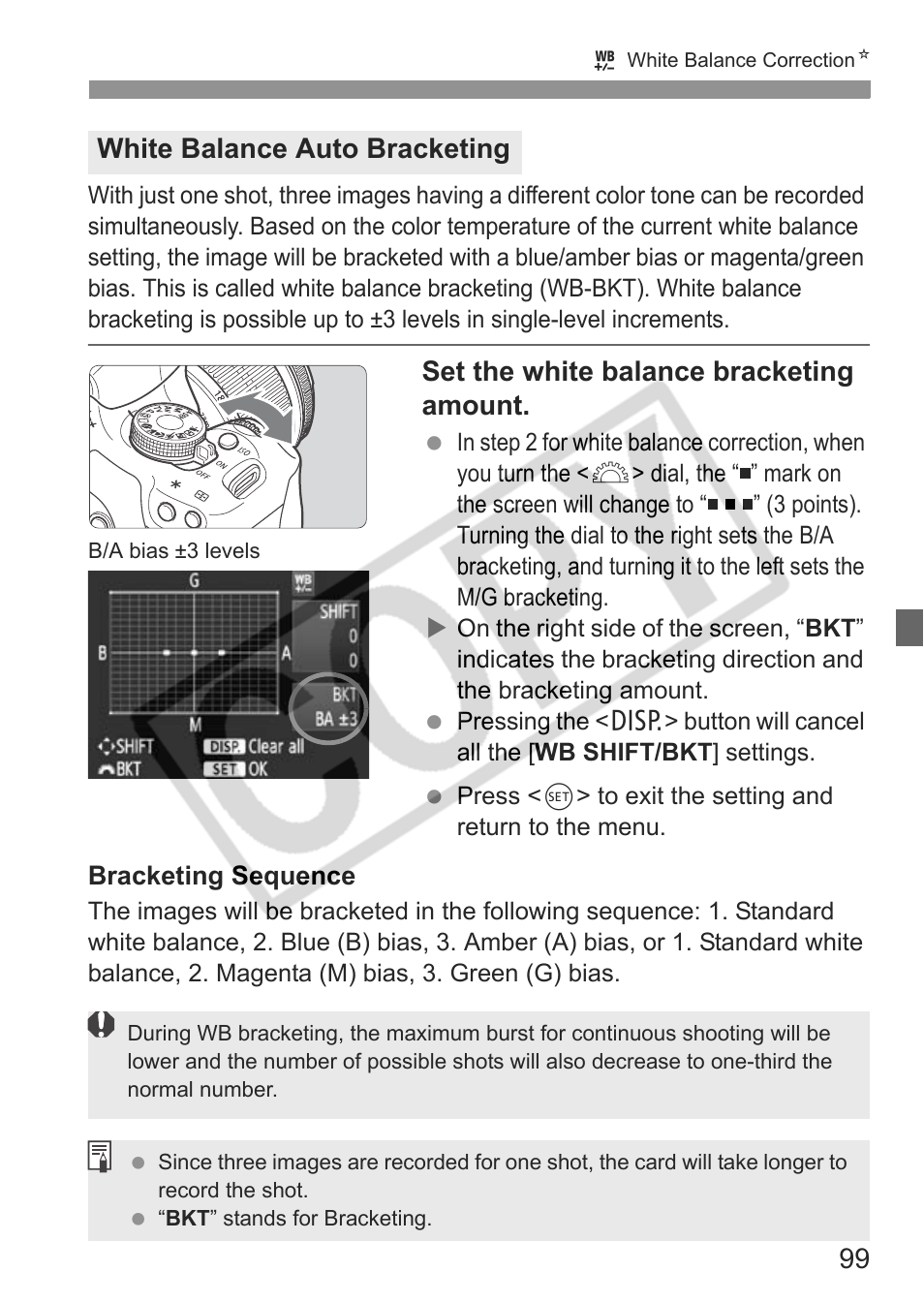 Set the white balance bracketing amount, White balance auto bracketing | Canon eos rebel t1i User Manual | Page 99 / 228