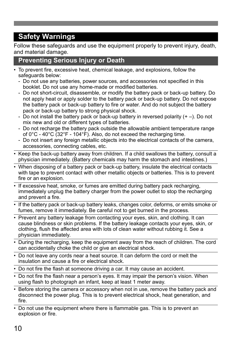 10 safety warnings, Preventing serious injury or death | Canon EOS 40D User Manual | Page 10 / 196