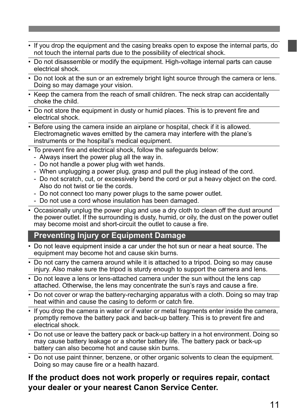 Preventing injury or equipment damage | Canon EOS 40D User Manual | Page 11 / 196
