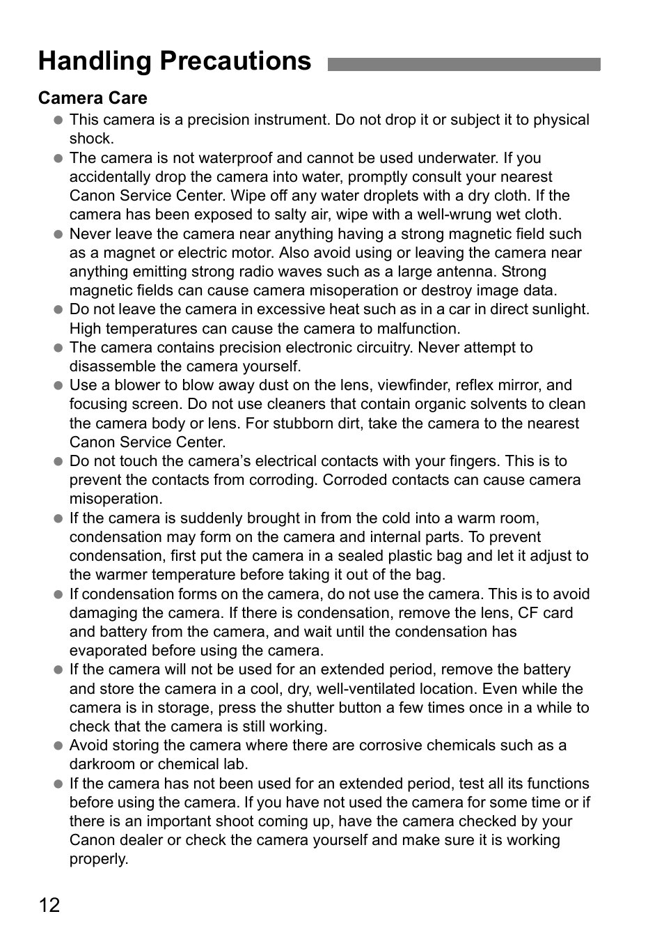 Handling precautions | Canon EOS 40D User Manual | Page 12 / 196